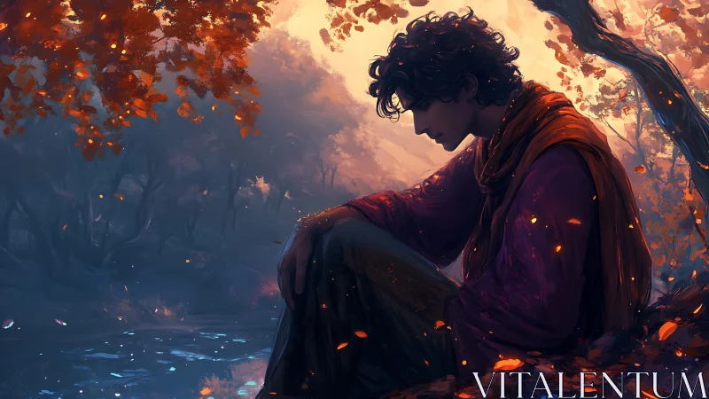 Melancholic young man sits by autumn forest pond at dusk