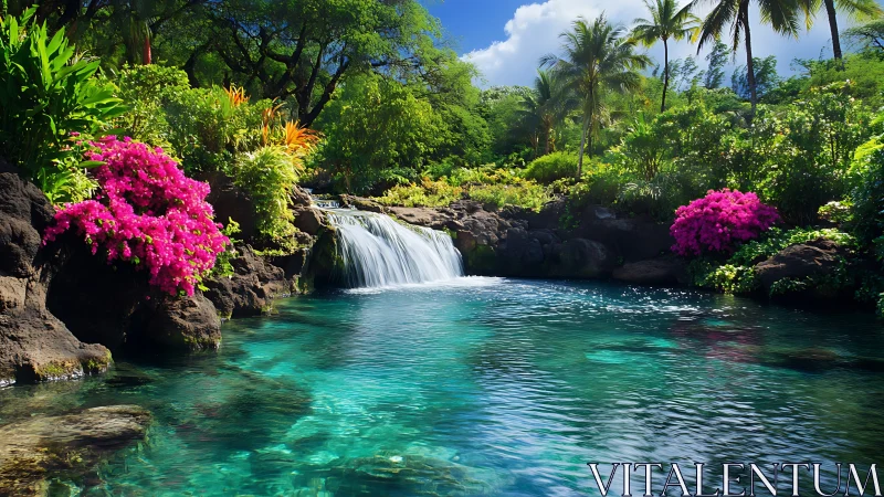 Tropical waterfall flows into clear turquoise pool