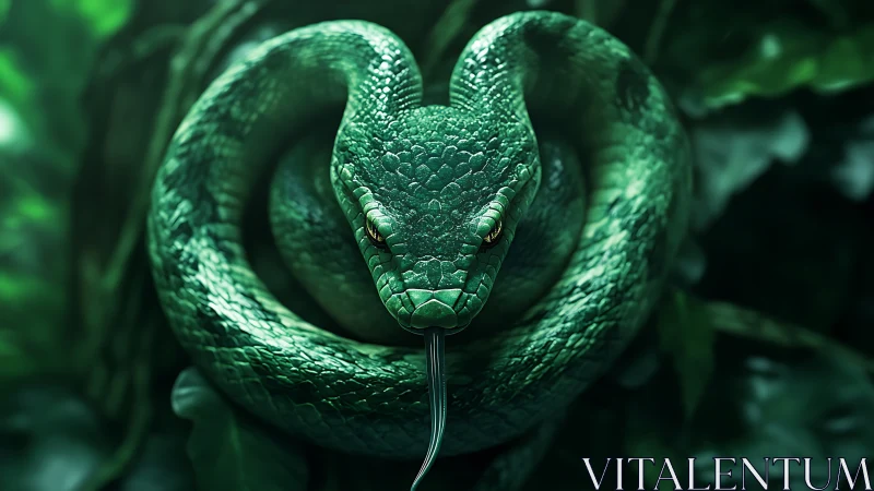 Emerald arboreal viper coiled in dense rainforest foliage