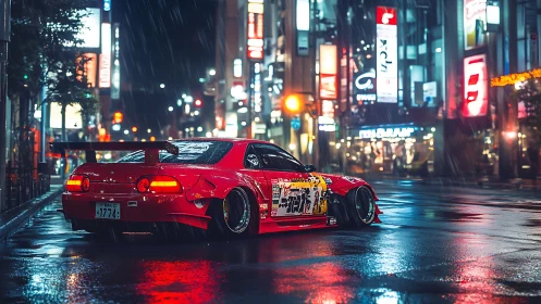 Widebody drift car gleams in neon soaked Tokyo rainstorm.