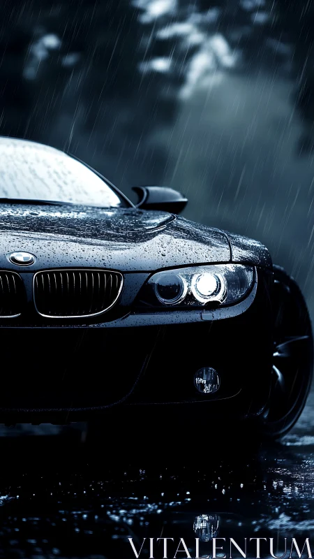 Nocturnal coupe front-end under rainfall with specular highlights.