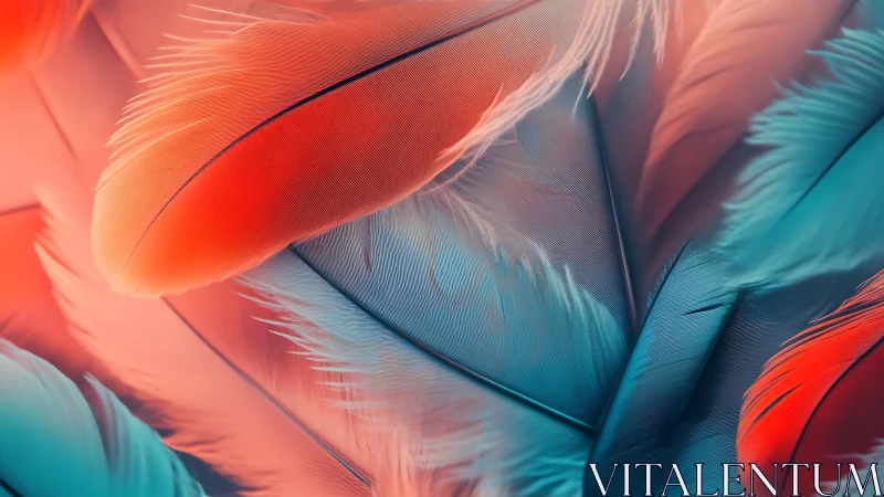 Macro study of overlapping orange and teal feathers.