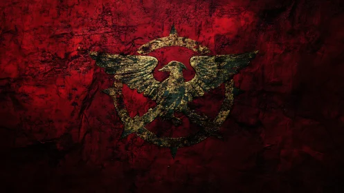War-torn golden eagle emblem on scarlet battlewall.