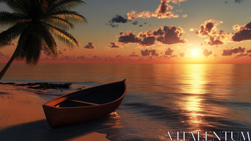 Rowboat on quiet tropical beach at calm ocean sunset.