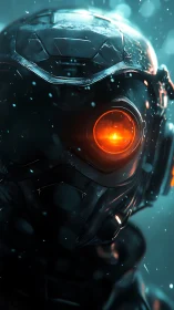 Cyborg operative portrait with glowing mono-optic visor.