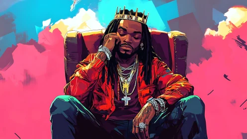 Crowned hip-hop figure rendered in vibrant urban digital painting