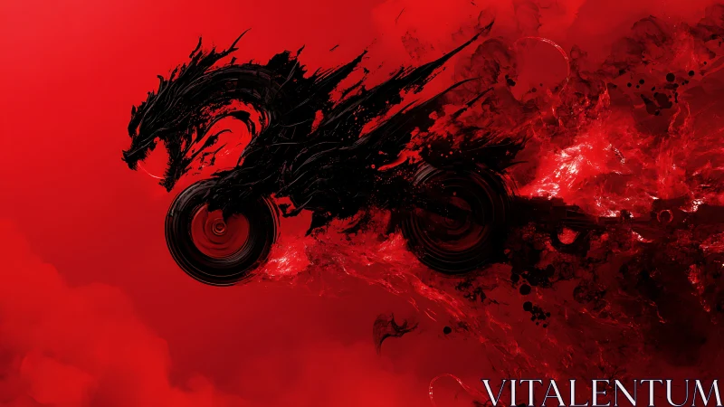 Black dragon motorcycle silhouette on abstract red field.