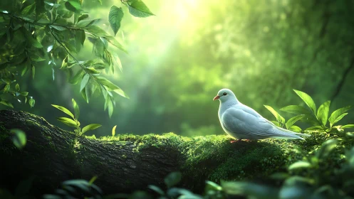 White dove resting on mossy log in sunlit forest, photorealistic style.