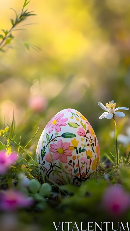 Gentle spring egg rests among soft flowers and sunlight