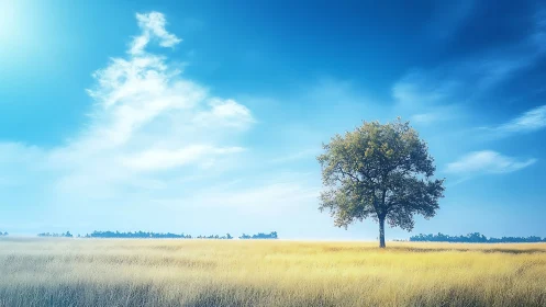 Solitary tree under deep blue sky in golden field panorama.