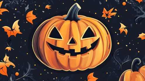 Vector jack-o’-lantern portrait with stylized autumn foliage.