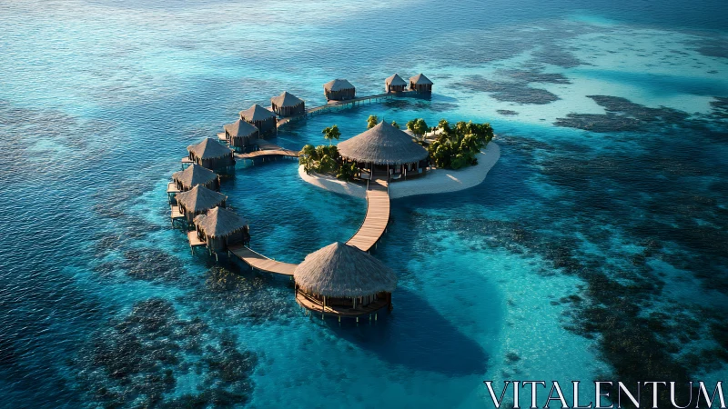 Overwater Resort with Thatched Villas in Turquoise Lagoon.