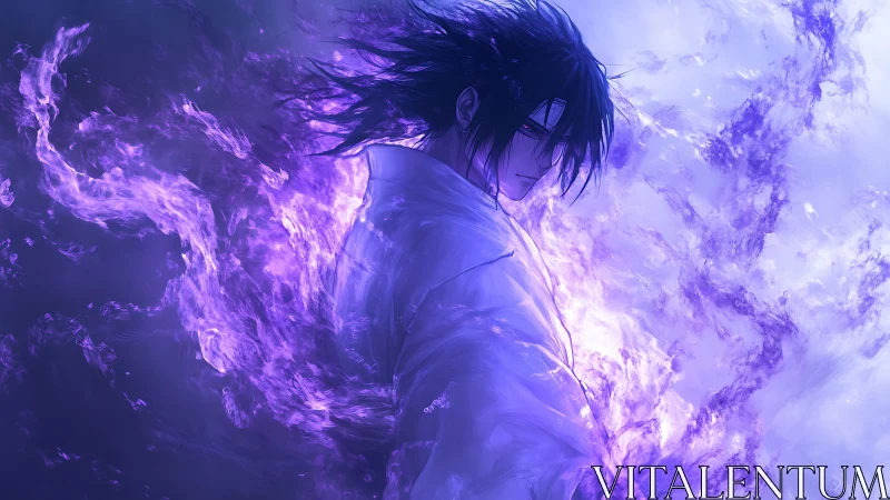 Energetic anime combatant in violet plasma turbulence field.