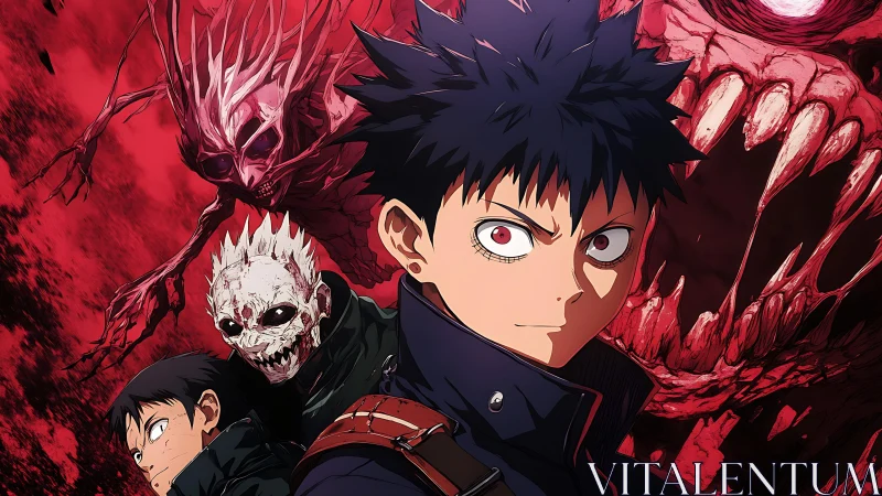 Fearless anime hero facing crimson nightmare creatures.