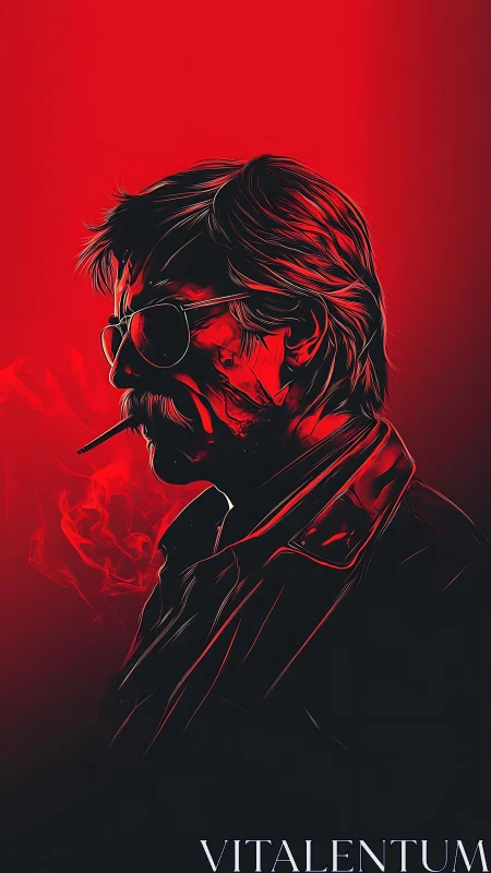 Neon red vector portrait of smoking man in profile view.