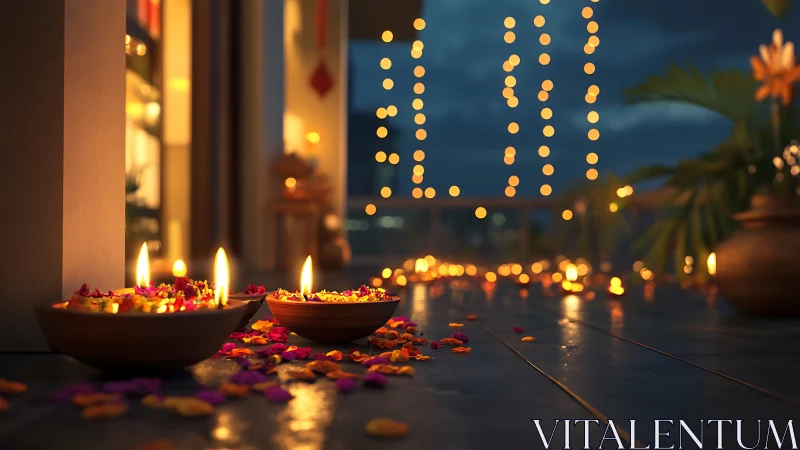 Glowing oil lamps and petals on a festive terrace night.