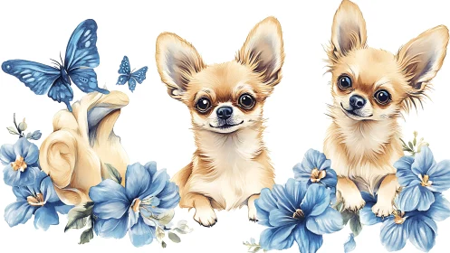 Watercolor Chihuahuas framed by blue florals and butterflies