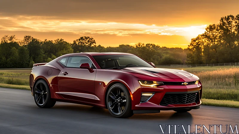 Red Chevrolet Camaro coupe on rural road at sunset.