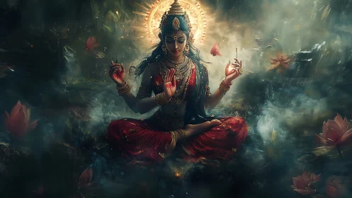 Divine multi-armed goddess in lotus pose, luminous halo, mist