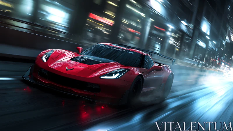 Red sports car on wet urban street at night in motion blur.