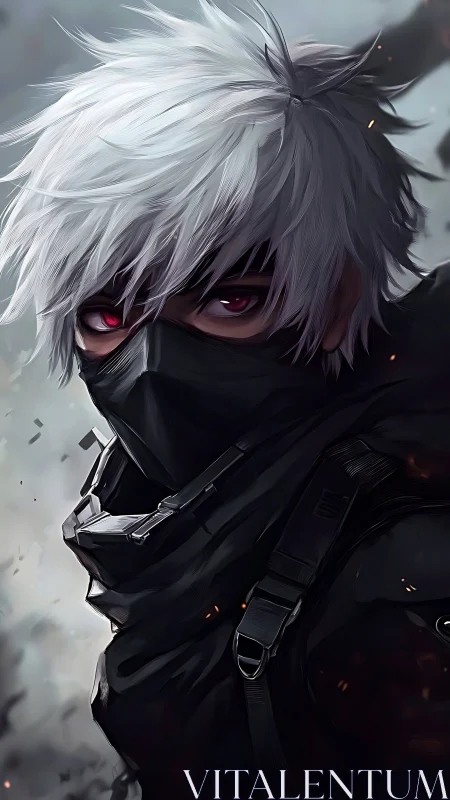 Masked white-haired cyber-assassin rendered in high-detail anime