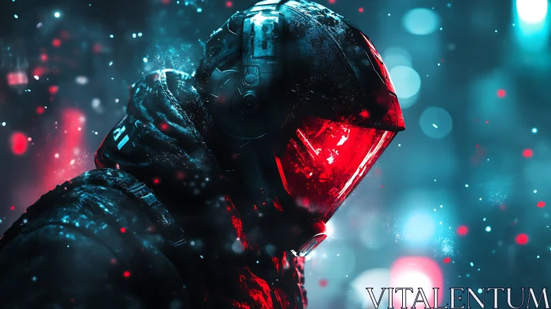 Neon night wanderer in a glowing red visor helmet.