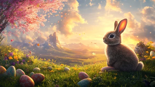 Spring meadow rabbit in glowing sunset fantasy landscape.