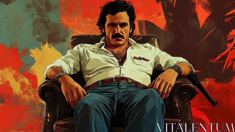 Commanding man in armchair stares ahead against bold colors