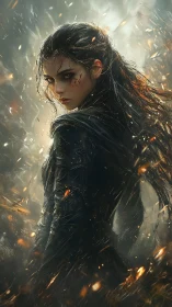Female warrior in dark armor within embers and smoke.