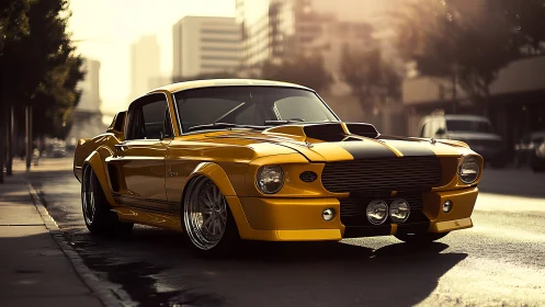 Retro-mod muscle coupe in high-gloss urban street lighting.