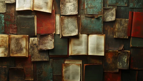 Timeworn Library Patchwork of Open Pages and Silent Covers.