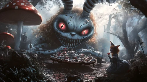 Grotesque rabbit looms over gothic tea ritual in haunted forest.