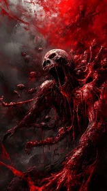 Skeletal figure emerging in red viscous abstract environment.