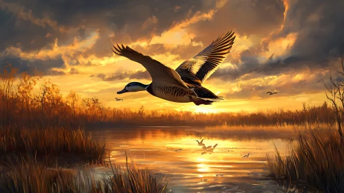 Sunset marsh turns into a runway for blazing-winged ducks