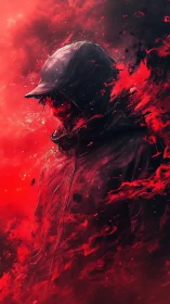 Ember-cloaked wanderer dissolves into cascading scarlet storm