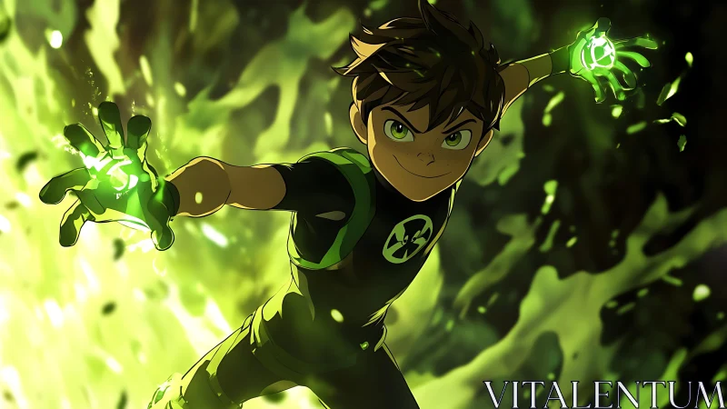 Energetic green-illuminated teen hero with reactive gauntlets.