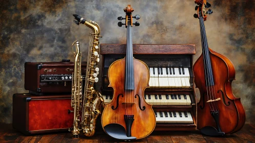 String, brass and keyboard instruments in studio arrangement.