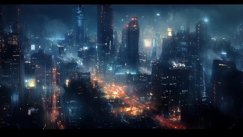 Neon rainstorms drape a restless cyberpunk night skyline.