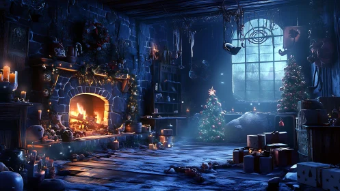 Cozy Christmas room with fireplace, trees, and presents.