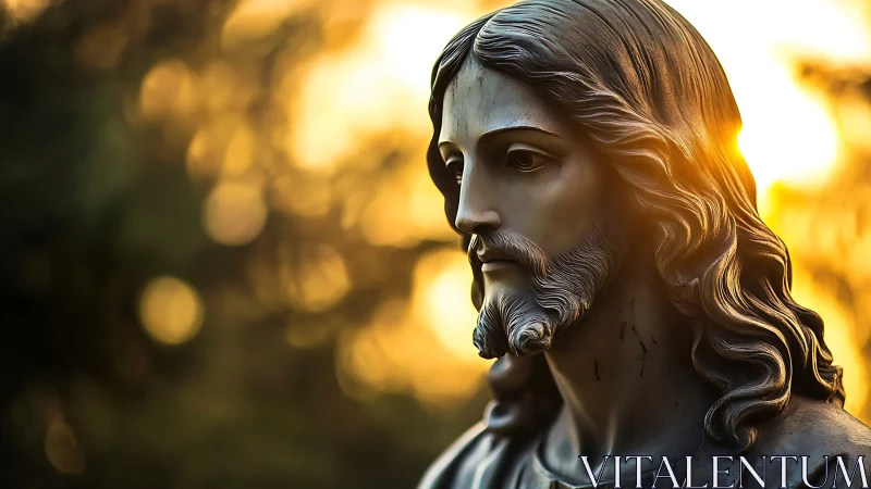 Bronze Christ statue glows against golden sunset light.