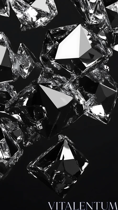 Angular glass polyhedra suspended in stark monochrome space