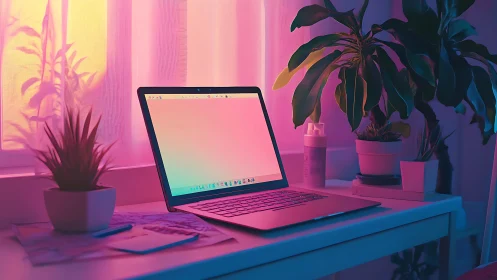 Laptop glows in neon pastel workspace beside lush plants.
