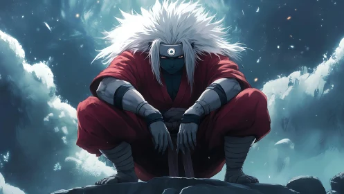 White haired warrior crouches on rock under turbulent night sky