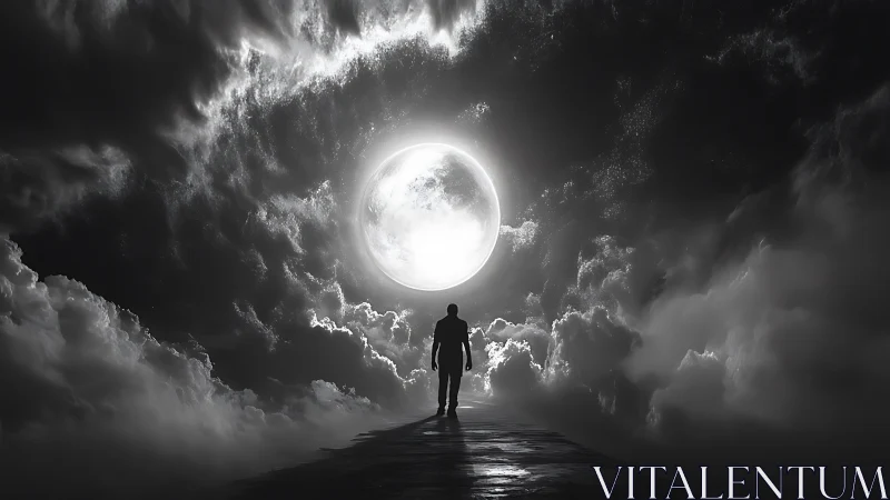 Backlit silhouette walks toward high-contrast lunar aperture portal