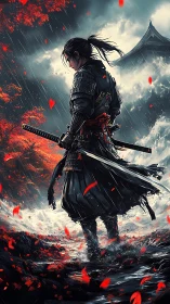 Armored samurai stands in storm, dynamic katana and red foliage