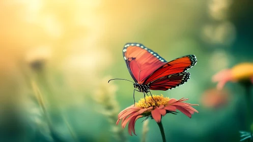 Sunlit butterfly resting gently on a dreamy garden bloom.