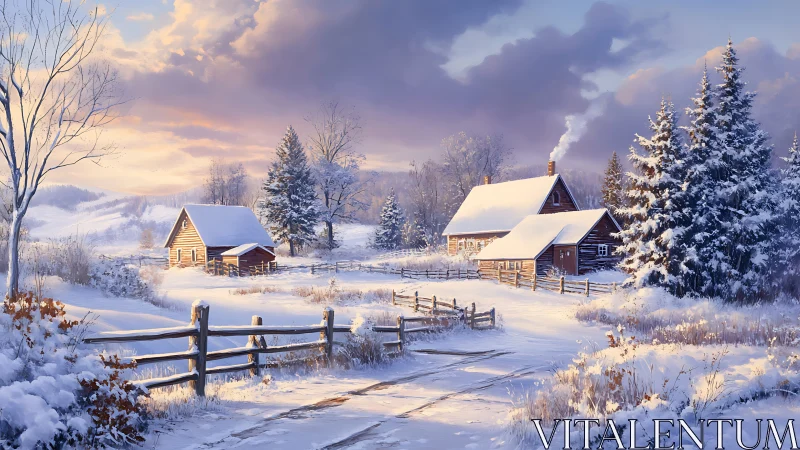 Sunlit winter cabins resting quietly in snowy farmland.