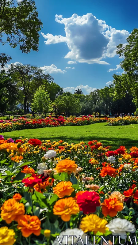 Vibrant Garden in Full Bloom Under Clear Summer Sky