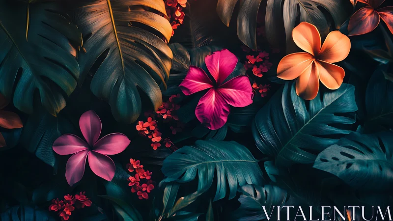Volumetric Floral Composite with Chromatic Gradient and Tropical Foliage Elements