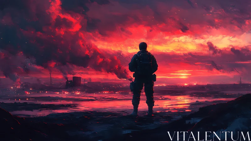 Solitary soldier watches a burning crimson apocalypse sky